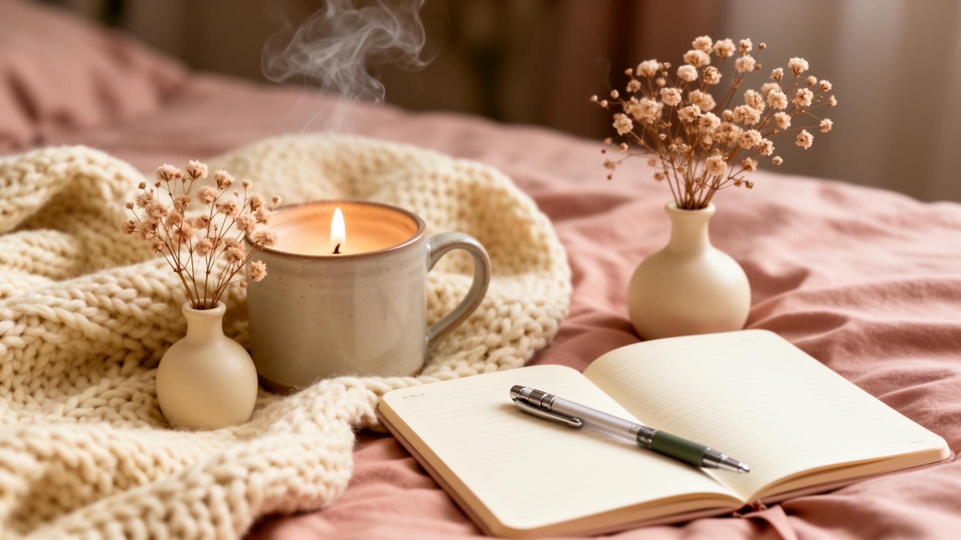 Cozy wellness flat lay with candle, mug, and journal